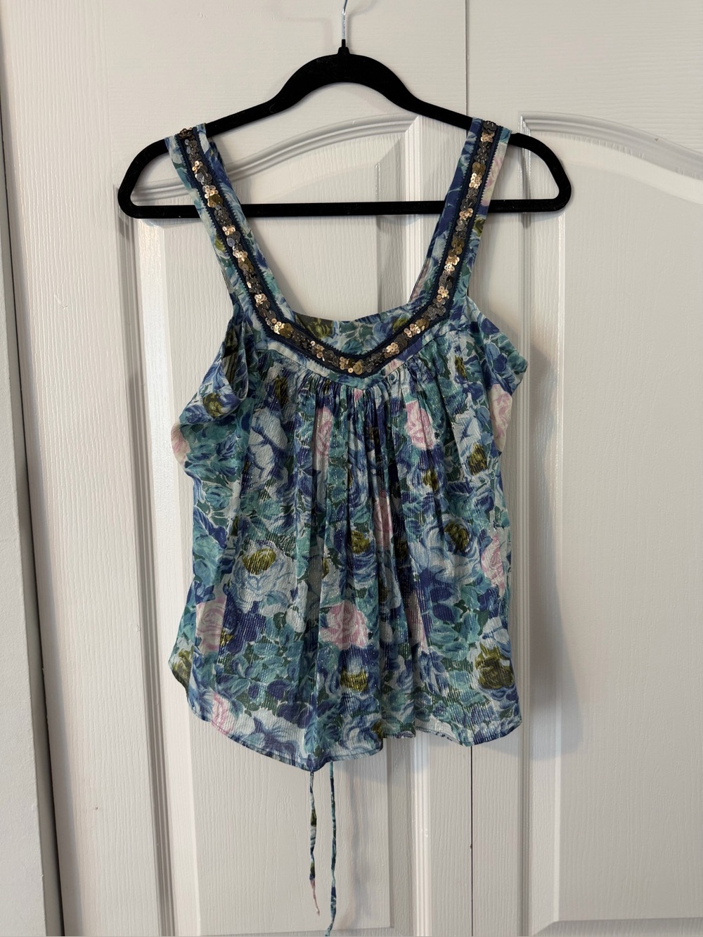Rebecca Taylor Blue Floral Sequin-Trim Camisole